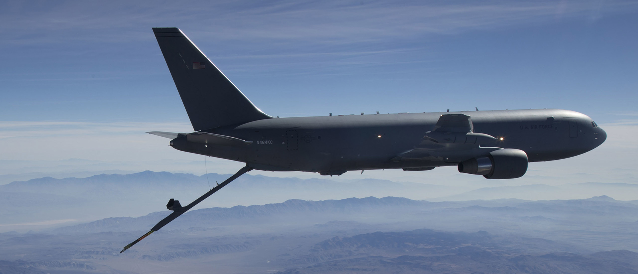 A KC-46A Pegasus aerial refueling aircraft connects with an F-15 Strike Eagle test aircraft from Eglin Air Force Base, Florida, on Oct. 29th, 2018.  The 418th Flight Test Squadron is conducting refueling tests with the fighter at Edwards Air Force Base, California.  Although Edwards has almost every aircraft in the Air Force's inventory for flight testing and system upgrades, the base does not have F-15s, so the 40th Flight Test Squadron from Eglin is assisting with the KC-46A refueling tests.  The KC-46A Pegasus is intended to start replacing the Air Force's aging tanker fleet, which has been refueling aircraft for more than 50 years.  With more refueling capacity and enhanced capabilities, improved efficiency and increased capabilities for cargo and aeromedical evacuation, the KC-46A will provide aerial refueling support to the Air Force, Navy, Marine Corps, and allied nation aircraft. (U.S. Air Force photo by Master Sgt Michael Jackson).